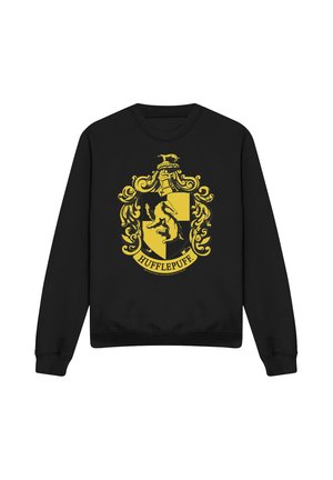 Schwarzes Sweatshirt mit langen Ärmeln und großem gelbem Hufflepuff-Wappen mit Dachs und ornamentaler Schmuckrankung auf der Vorderseite.