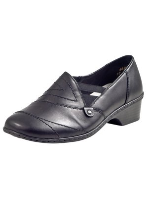 Schwarzer Lederschuh mit gestepptem Design, elastischen Riemen und niedrigem Absatz. Er verfügt über eine runde Zehenform und eine dekorative Metallelement.
