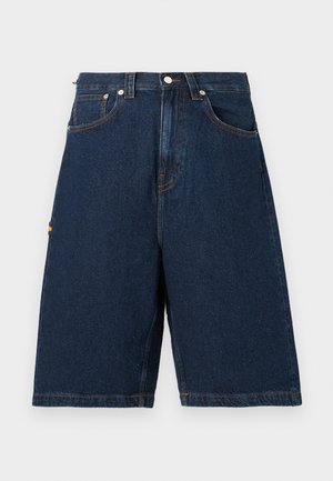 Dark blue denim shorts with a loose fit, featuring two front pockets and a single back pocket, finished with orange stitching accents.