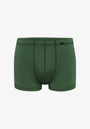 Grüne Boxershorts für Herren mit sichtbaren Nähten und einem kleinen schwarzen Markenschild auf der rechten Seite des Bunds.