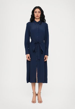 Navy blue, long-sleeve dress made of a smooth fabric, featuring a collar, button front, and a tied waist belt. Slightly flared skirt.