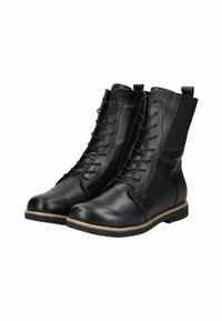 Botas de cuero negro hasta el tobillo con un acabado suave, cordones en la parte delantera, paneles laterales elásticos y suelas de goma texturizadas.