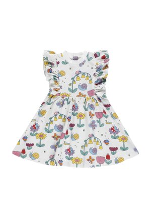 Robe blanche pour tout-petit avec manches à volants, décorée d'un motif coloré d'escargots, fleurs, papillons et abeilles en dessin animé.
