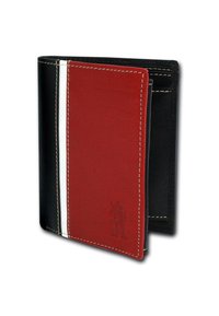 Black and red leather wallet with white accent stitching, featuring a textured red panel and embossed design on the front.
