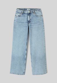 Jean en denim bleu clair avec une coupe décontractée, jambes larges et un léger effet délavé. Possède des poches cousues et une finition décolorée.