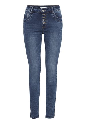 Kitsad teksad tumedast denimist. Viie nupuga eesmine sulgur, veidi pleekinud tekstuur, klassikaline viie-tasku disain ja peened õmblusdetailid.