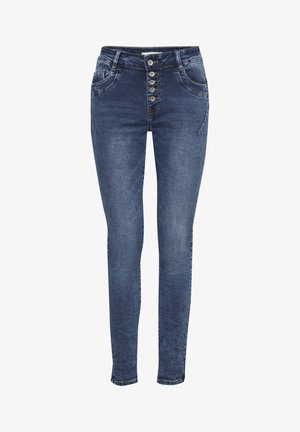 Kitsad teksad tumedast denimist. Viie nupuga eesmine sulgur, veidi pleekinud tekstuur, klassikaline viie-tasku disain ja peened õmblusdetailid.