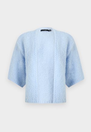 Svetlomodrý pletený kardigán s otvoreným predným dielom, krátkymi širokými rukávmi a jemným textúrovaným vzorom.