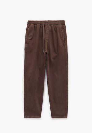 Pantaloni marroni, leggeri, con vita elastica, cordoncino regolabile e tasche laterali. Tessuto liscio e design a gamba dritta.