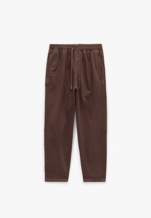 Pantaloni marroni, leggeri, con vita elastica, cordoncino regolabile e tasche laterali. Tessuto liscio e design a gamba dritta.