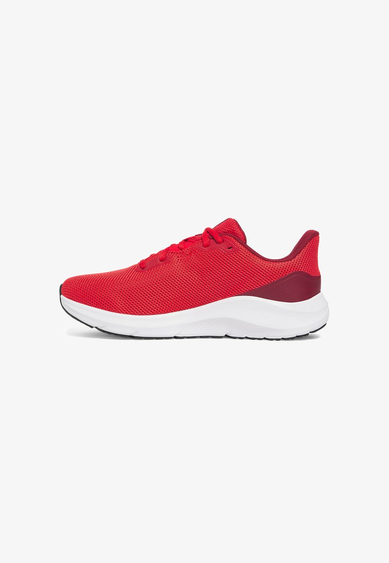 Red athletic shoe with a mesh upper, lace-up design, white midsole, and a padded heel accent. Smooth texture and lightweight construction.