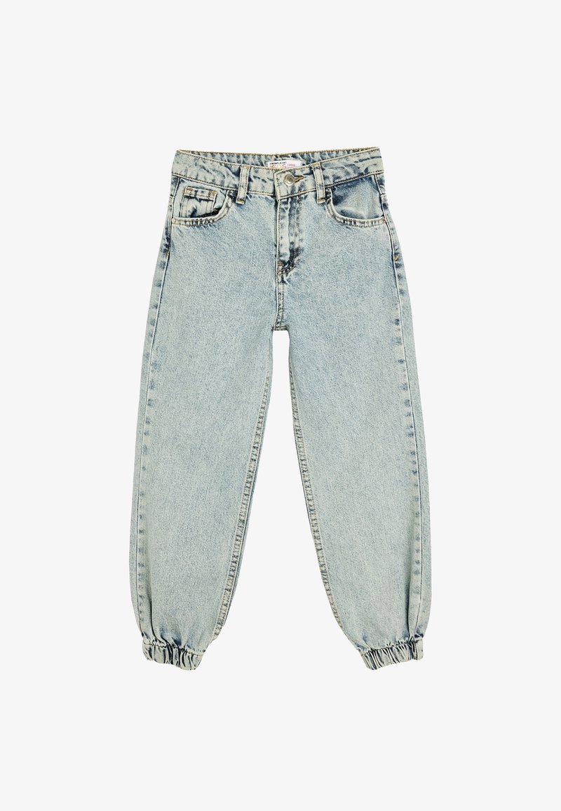 Lyseblå denim jeans med en afslappet pasform, samlede elastiske manchetter, fem-lomme design og en klassisk talje med knaplukning.