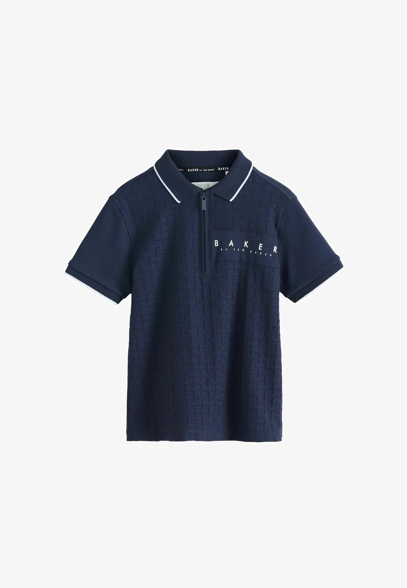 Marineblaues Polohemd mit einem strukturierten geometrischen Muster, kurzen Ärmeln, einem Reißverschluss am Kragen und weißer Paspelierung entlang des Kragens und der Ärmel.