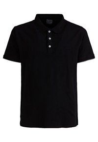 Lyhythihainen musta polo-paita, jossa on kaulus ja kolme valkoista nappia läpiviennissä, yksinkertainen muotoilu ilman näkyviä kuvioita tai logoja.