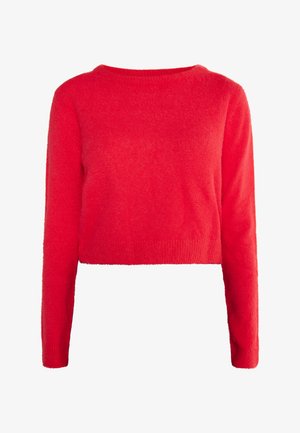 Rode, kortere trui gemaakt van zachte, lichtgewicht stof. Heeft lange mouwen en een ronde halslijn met een geribbelde zoom.