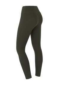 Leggings verde oscuro con una cintura alta, hechos de un material liso y elástico. Presentan costuras planas y una forma que se ajusta al cuerpo.
