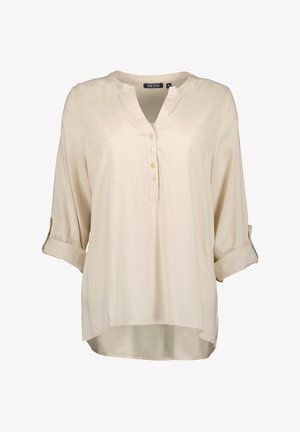 Beige bluse med lange ærmer, v-hals og knaplukning, med opbrettede ærmer og en buet kant. Glat stof med subtil glans.