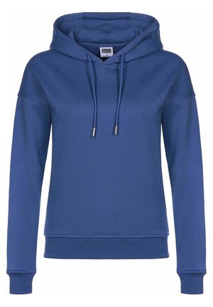 Blue hooded sweatshirt with long sleeves, drawstring closure, ribbed cuffs and hem, made from soft, textured fabric.