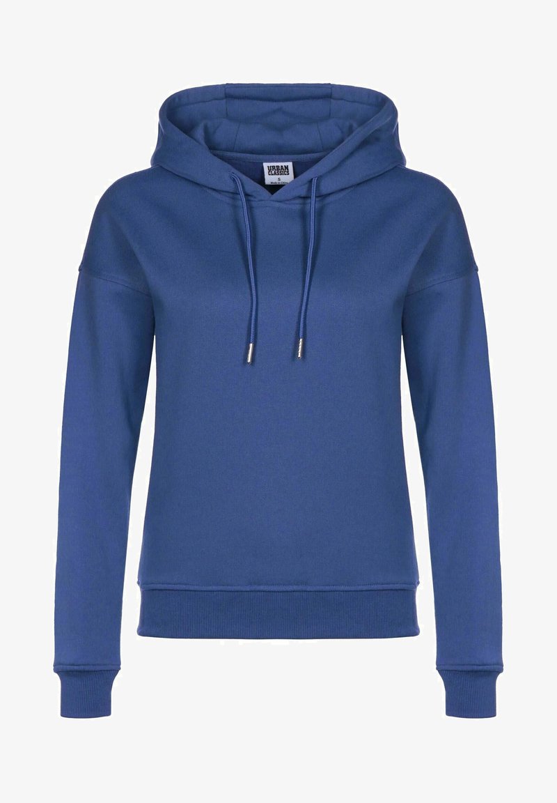 Blue hooded sweatshirt with long sleeves, drawstring closure, ribbed cuffs and hem, made from soft, textured fabric.