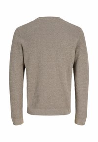 Pull en maille marron clair à manches longues, vu de dos, avec un col rond et un ourlet et des poignets côtelés.