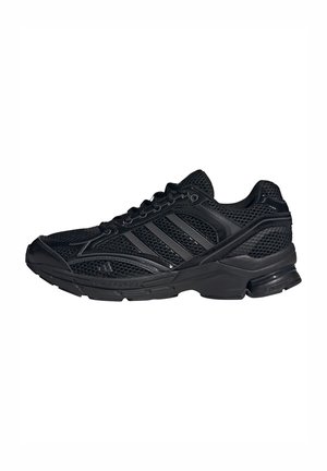 Black athletic sneaker with mesh upper, three side stripes, lace-up closure, and cushioned sole, shown in right side profile.
