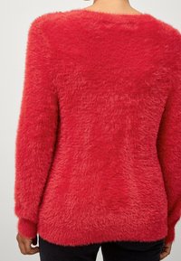 Pull en peluche rouge à encolure arrondie et manches longues. Texture douce avec une coupe ample, doté de poignets et d'un ourlet côtelé.
