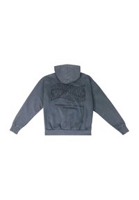 Grauer Kapuzenpullover mit lockerer Passform, der ein großes Typografie-Print auf dem Rücken sowie gerippte Bündchen und Saum aufweist.