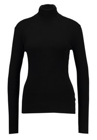 Pull noir à col roulé avec manches longues, texture côtelée, coupe ajustée et col haut. Aucun motif ni détail métallique visible.