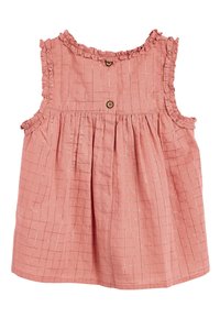 Robe sans manches pour tout-petits, de couleur rose, avec un bord froncé, deux boutons en bois sur la poitrine et un discret motif en grille argenté.