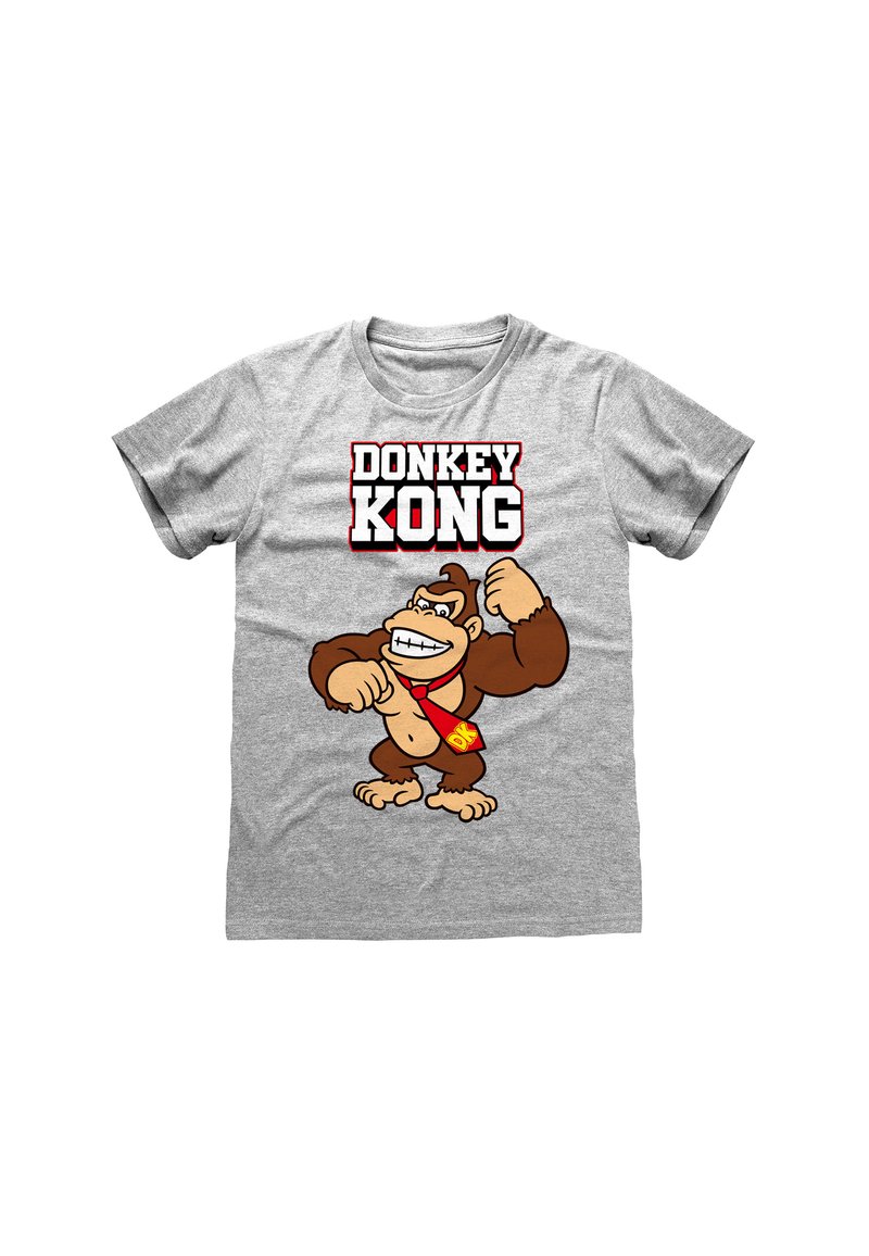 Graues Baumwoll-T-Shirt mit einem Cartoon-Gorilla-Charakter mit braunem Fell, der eine rote Krawatte mit einem gelben "DK"-Logo trägt, und dem Text "DONKEY KONG" darüber.