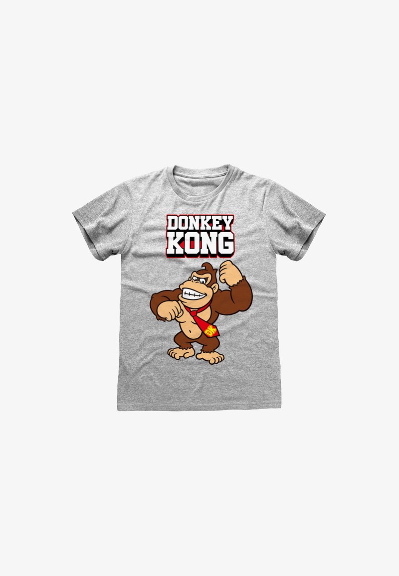Šedé bavlněné tričko s kreslenou postavičkou gorily hnědé srsti, která má na sobě červenou kravatu s žlutým logem "DK" a textem "DONKEY KONG" nahoře.