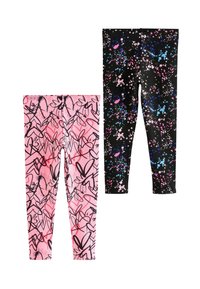 Två par leggings: en rosa med svarta abstrakta mönster, den andra svarta med flerfärgad färgstänkdesign. Stretchtyg.