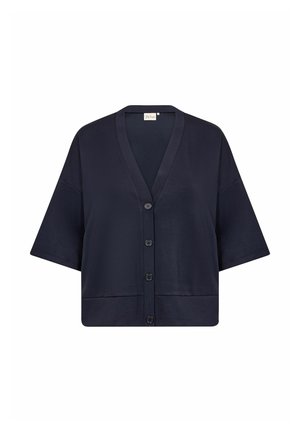 Granatowy kardigan z krótkim rękawem i dekoltem w serek, pięć guzików z przodu oraz luźny krój. Wykonany z lekkiego materiału.