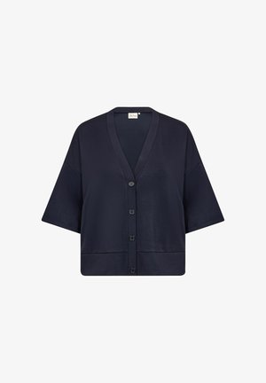 Granatowy kardigan z krótkim rękawem i dekoltem w serek, pięć guzików z przodu oraz luźny krój. Wykonany z lekkiego materiału.