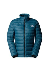 Giacca North Face trapuntata di colore teal con zip frontale completa, due tasche laterali con zip e colletto alto per il freddo.