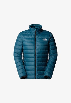 Chaqueta acolchada de North Face en color teal con cremallera delantera completa, dos bolsillos laterales con cremallera y cuello alto para el clima frío.