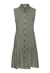 Ärmelloses, kragenloses Kleid aus olivgrünem Stoff, mit einer Knopfleiste vorne und einem gestuften Rockdesign, verziert mit schwarzen Knöpfen entlang der Leiste.