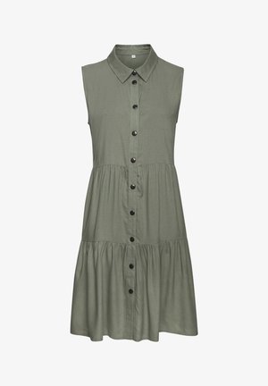 Ärmelloses, kragenloses Kleid aus olivgrünem Stoff, mit einer Knopfleiste vorne und einem gestuften Rockdesign, verziert mit schwarzen Knöpfen entlang der Leiste.