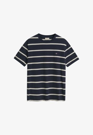 Marineblaue Baumwoll-T-Shirt mit weißen horizontalen Streifen, geripptem Rundhalsausschnitt, kurzen Ärmeln und einem kleinen gestickten Logo auf der Brust.