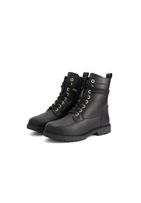 Pair of black leather lace-up ankle boots with side zippers and thick rubber soles, displayed on a white background.