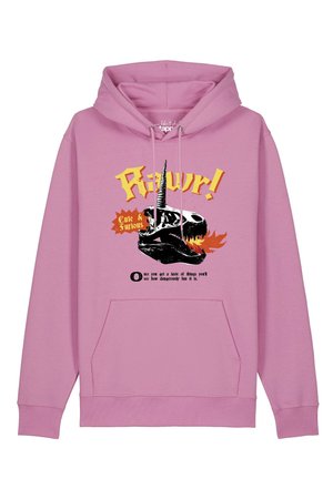Hellvioletter Hoodie mit einer feuerspeienden Dinosaurierschädel-Grafik, gelbem Text "Rarwr!" und weiterem kleineren Text unter dem Design.