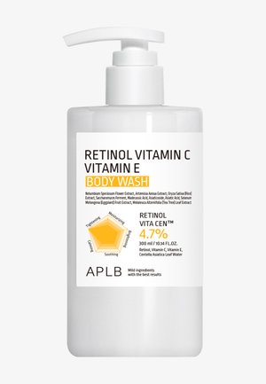 Fles bodywash met retinol, vitamine C, E, 4,7% concentratie, 300 ml, gelabeld voor hydraterend, verhelderend, verzachtend, kalmerend, verstevigend.