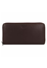 Portefeuille zippé en cuir marron avec une texture lisse, de forme rectangulaire et un accent de logo subtil à l'avant. Fermeture zippée sur le dessus.