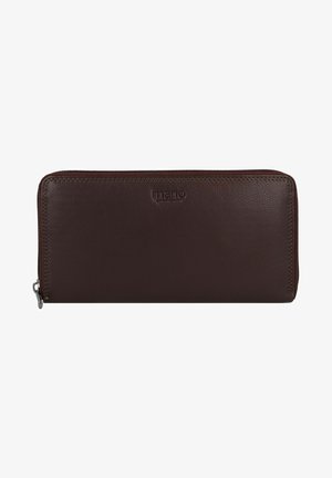 Portefeuille zippé en cuir marron avec une texture lisse, de forme rectangulaire et un accent de logo subtil à l'avant. Fermeture zippée sur le dessus.
