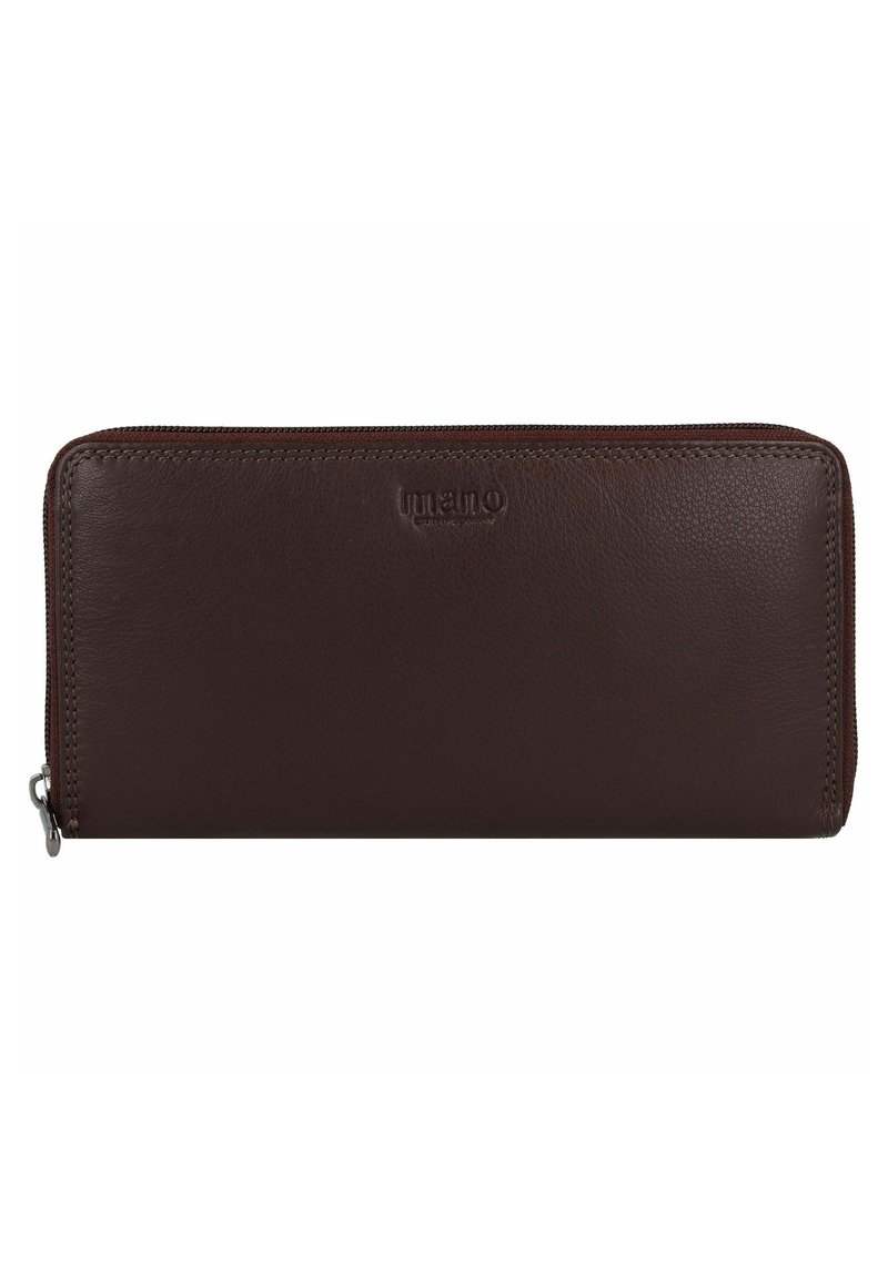 Portefeuille zippé en cuir marron avec une texture lisse, de forme rectangulaire et un accent de logo subtil à l'avant. Fermeture zippée sur le dessus.