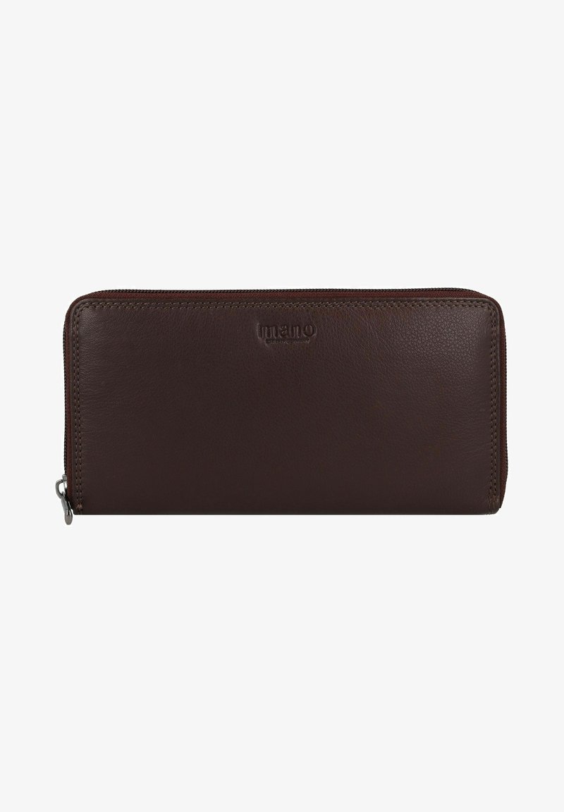 Portefeuille zippé en cuir marron avec une texture lisse, de forme rectangulaire et un accent de logo subtil à l'avant. Fermeture zippée sur le dessus.
