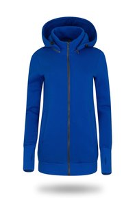Blaues Zip-Hoodie mit Kapuze, gerippten Bündchen und zwei Fronttaschen. Hergestellt aus weichem Stoff mit glatter Textur und passgenauer Form.