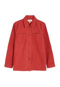 Veste en coton rouge avec un col, fermeture à boutons, deux poches avant et des manches larges. Texture lisse avec une silhouette ajustée.