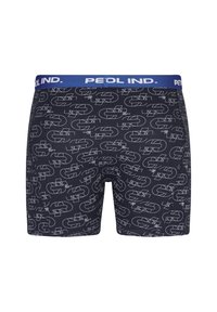 Shorts de boxeur noirs avec des motifs géométriques blancs, dotés d'une ceinture élastique bleue portant l'inscription "PEOL IND." Fabriqués en matériau doux et extensible.