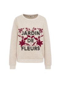 Svijetlosmeđi dukserica s natpisom "JARDIN DE FLEURS" u crnom, okruženim bordo cvjetnim vezom. Rebraste manžetne i rub.